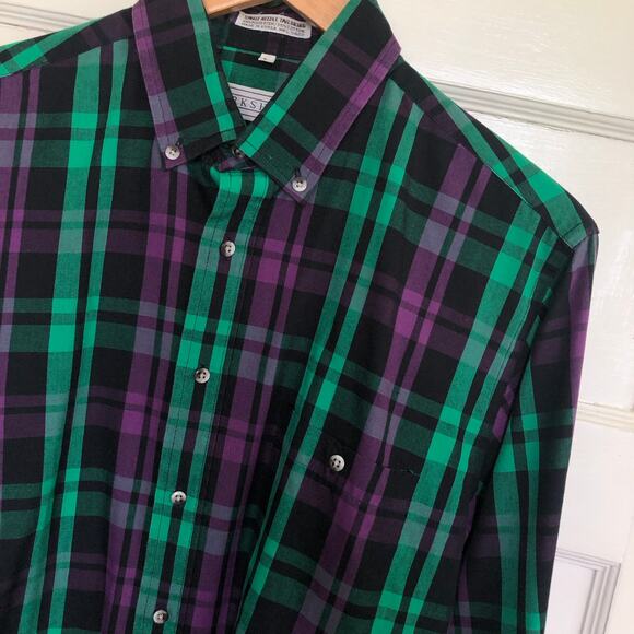 VTG 70s Parkshire Plaid Button Down Dress Shirt L Green Purple Korea Retro Prep - Picture 2 of 6